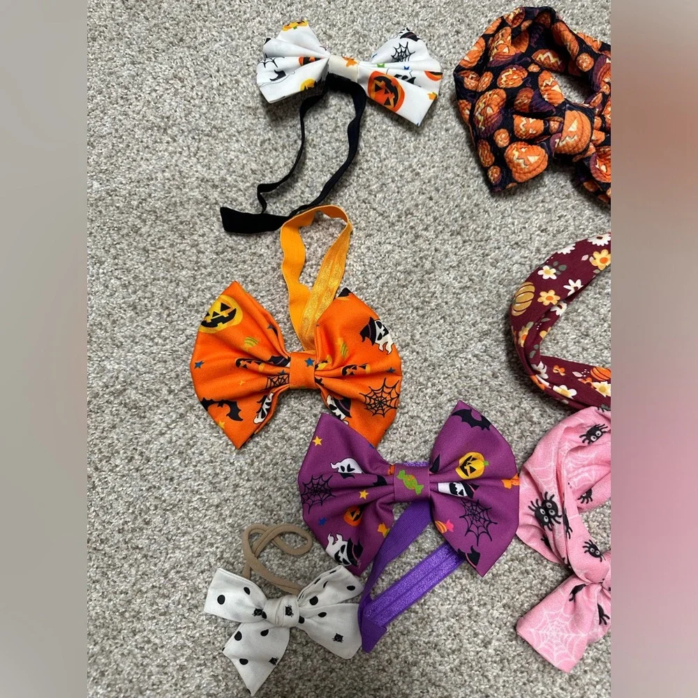 Lot of 7 Baby Girl Fall Halloween Headband with Bows. Pumpkins, spiders, ghosts